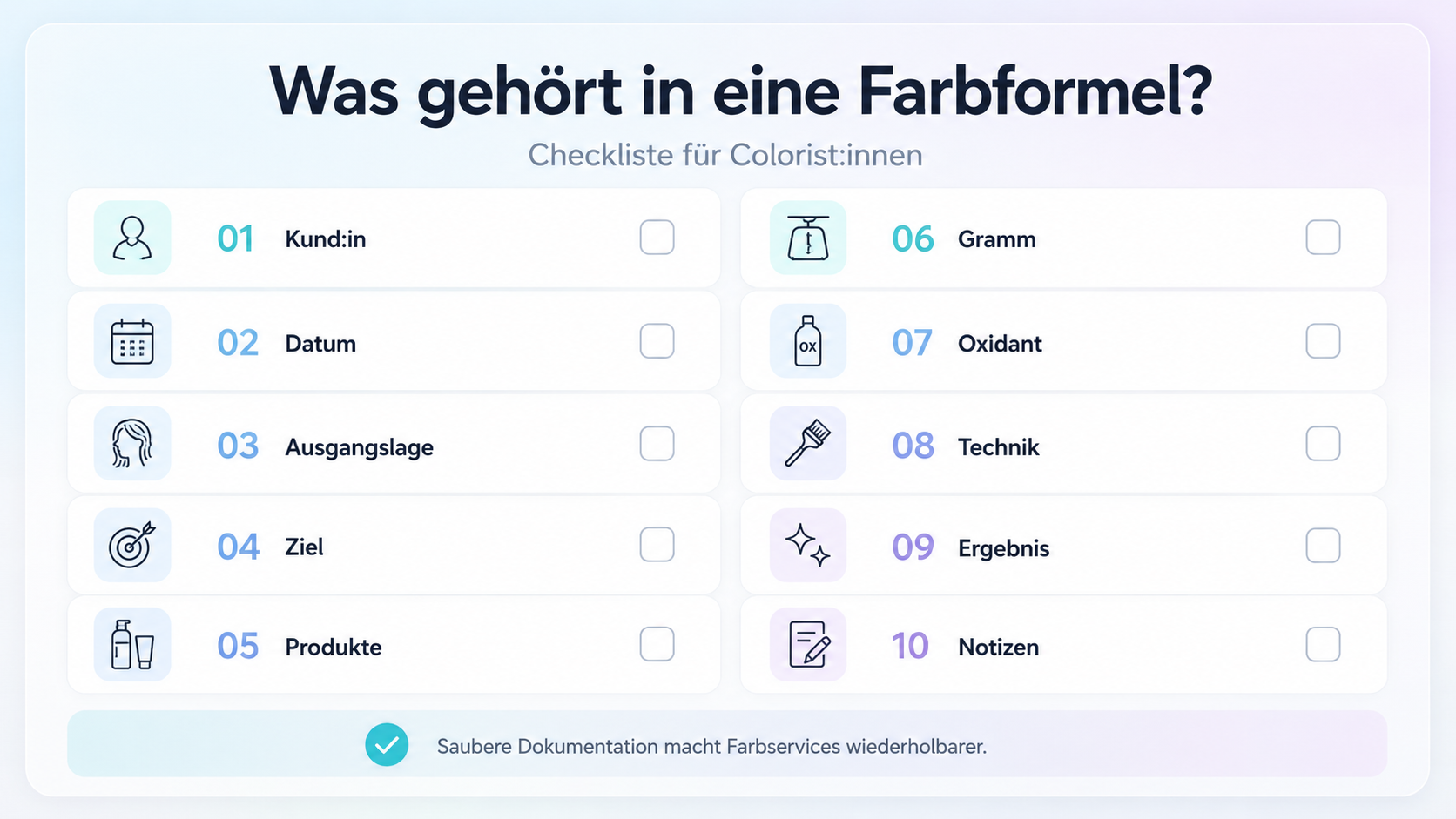 Checkliste zur Dokumentation einer Farbformel für Coloristinnen und Coloristen