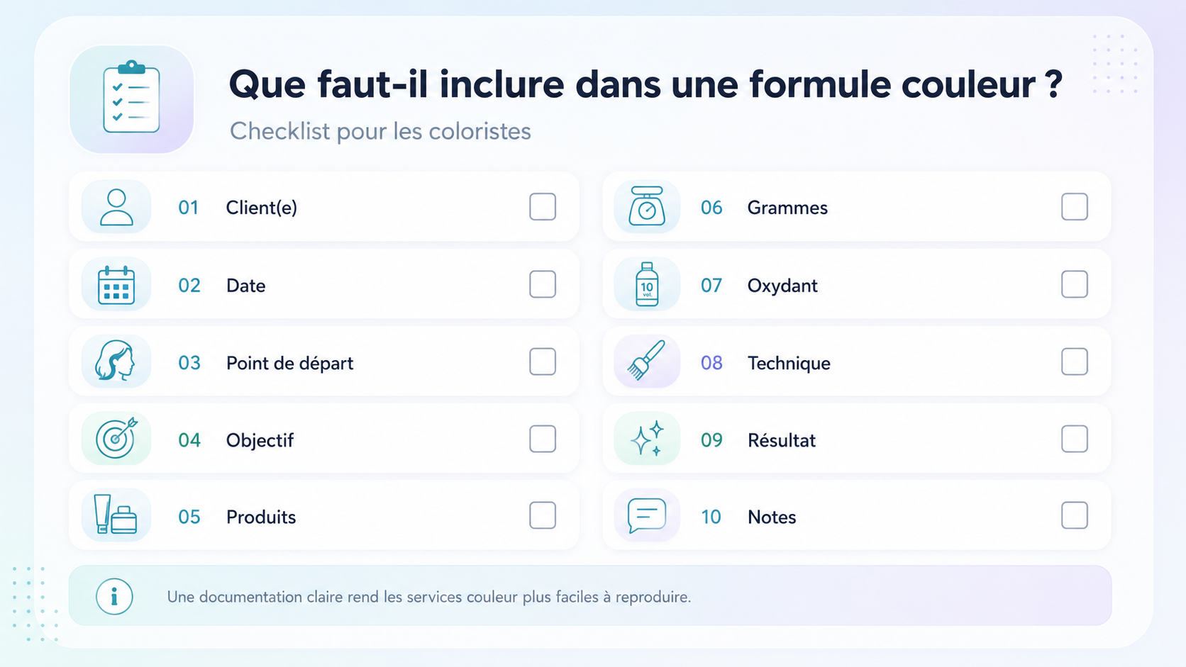 Checklist pour documenter une formule couleur pour coloristes