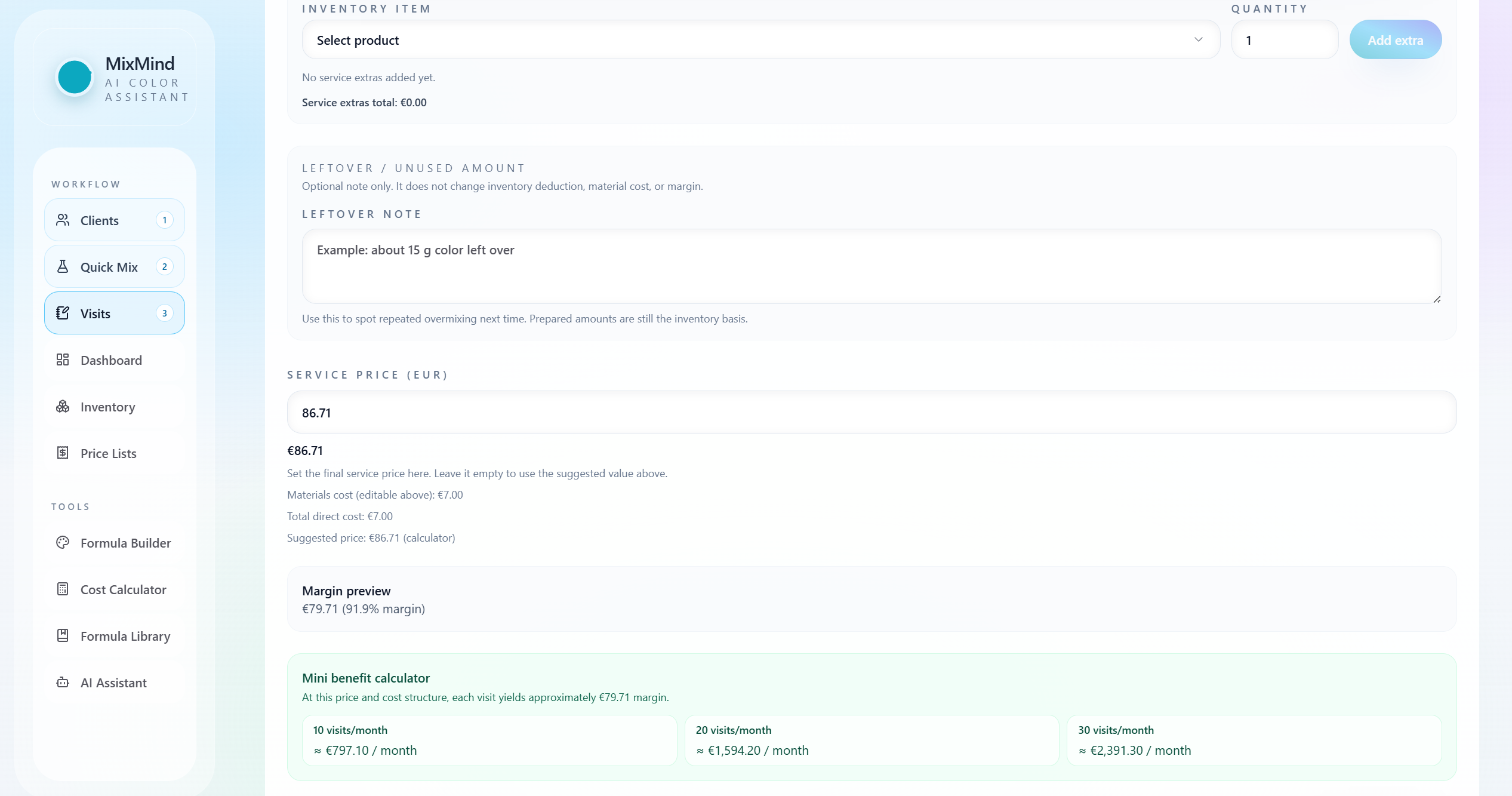 Material cost calculation for a color service in MixMind